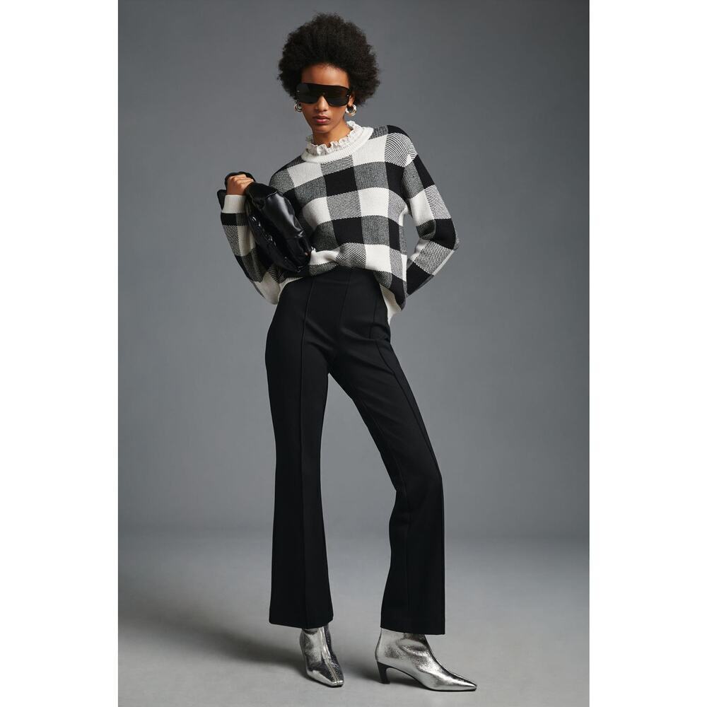 By Anthropologie Black & White Plaid Ruffle-Collar Pullover Sweater Size S